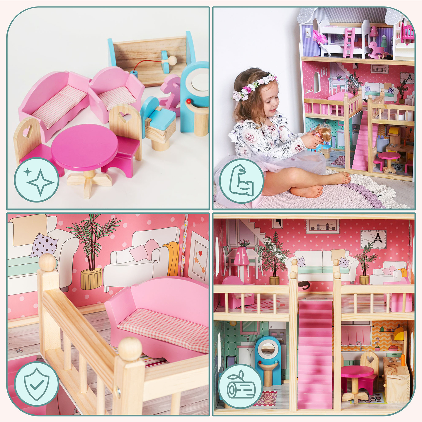 Μεγάλο ξύλινο 3όροφο κουκλόσπιτο με βεράντα, σετ επίπλων και φωτισμό LED!