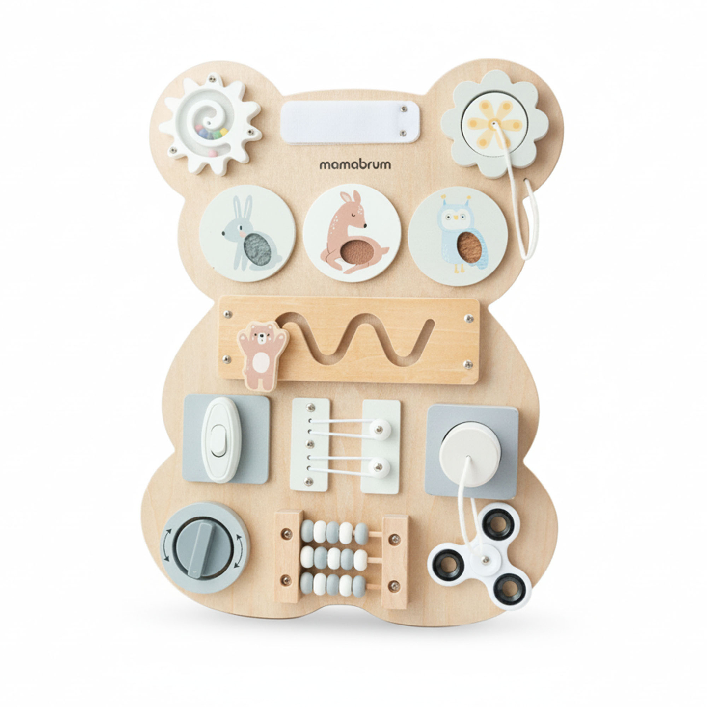 Ξύλινη σανίδα χειρισμού Montessori με αρκουδάκι - αισθητηριακή μάθηση ανεξαρτησίας: Velcro, βύσμα, λαβύρινθος, κουμπί κλικ