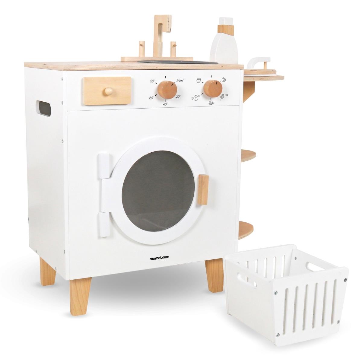 Ξύλινο πλυντήριο ρούχων με σίδερο, καλάθι και υγρό πλύσης