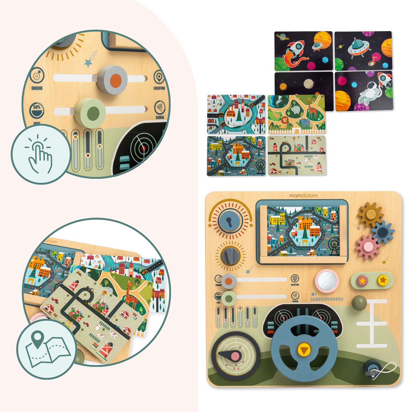 Ξύλινη σανίδα Montessori 2 σε 1 πιλοτήριο για τον μικρό οδηγό και πιλότο – τιμόνι, λεβιές ταχυτήτων, χάρτες ταξιδιού, ραντάρ