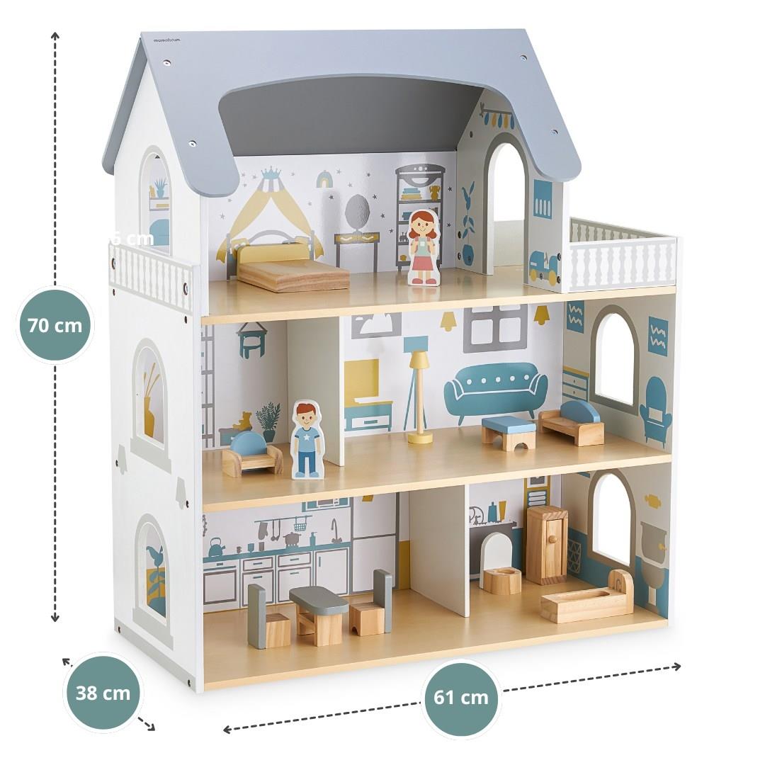 Λευκό ξύλινο κουκλόσπιτο με βεράντα και αξεσουάρ