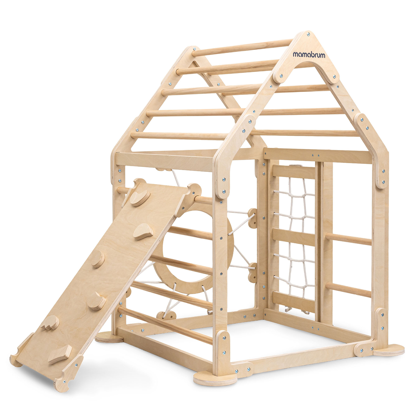 Ξύλινη εσωτερική παιδική χαρά για παιδιά - ένα σπίτι με σκάλες και μια τσουλήθρα