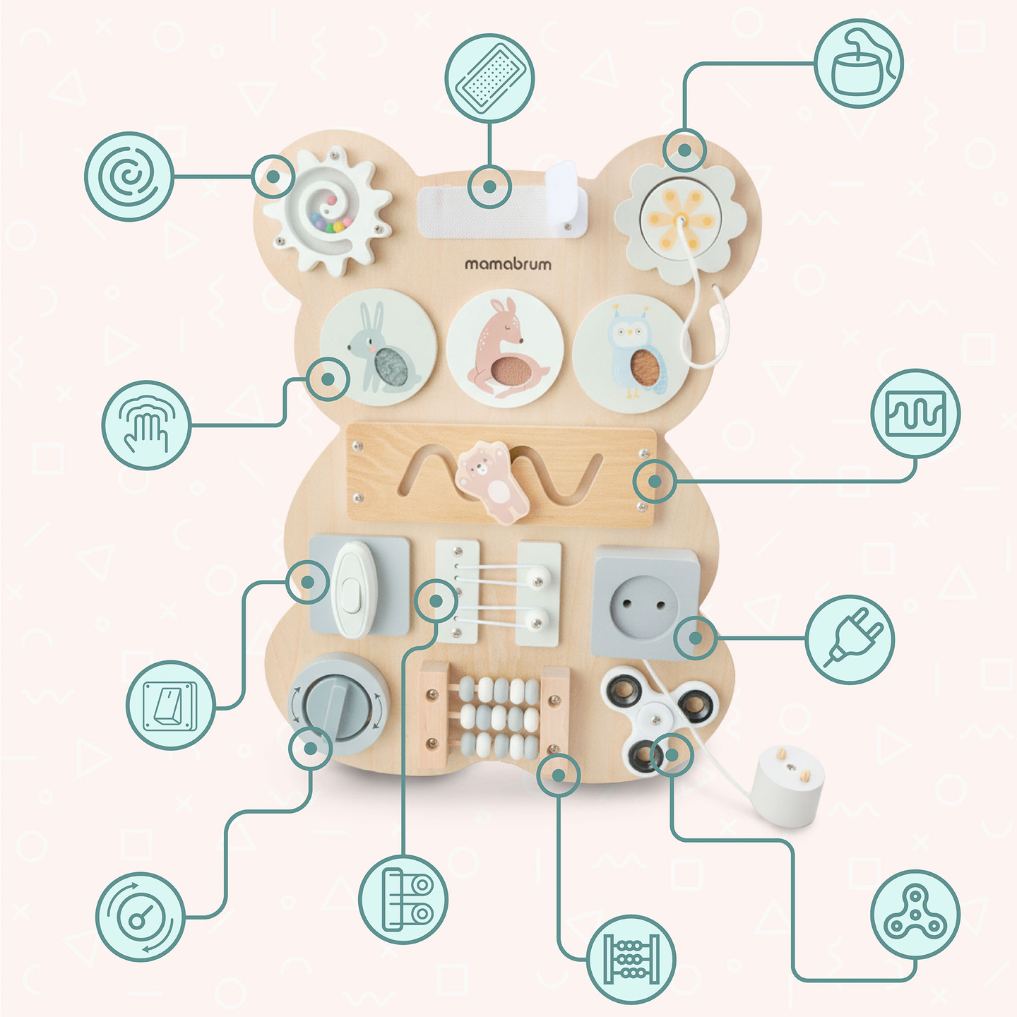 Ξύλινη σανίδα χειρισμού Montessori με αρκουδάκι - αισθητηριακή μάθηση ανεξαρτησίας: Velcro, βύσμα, λαβύρινθος, κουμπί κλικ