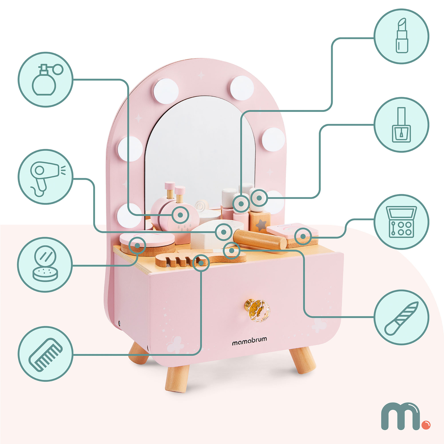 Ξύλινο μίνι μπουντουάρ για παιδιά με αξεσουάρ και φωτισμό LED με ομαλή ρύθμιση φωτεινότητας