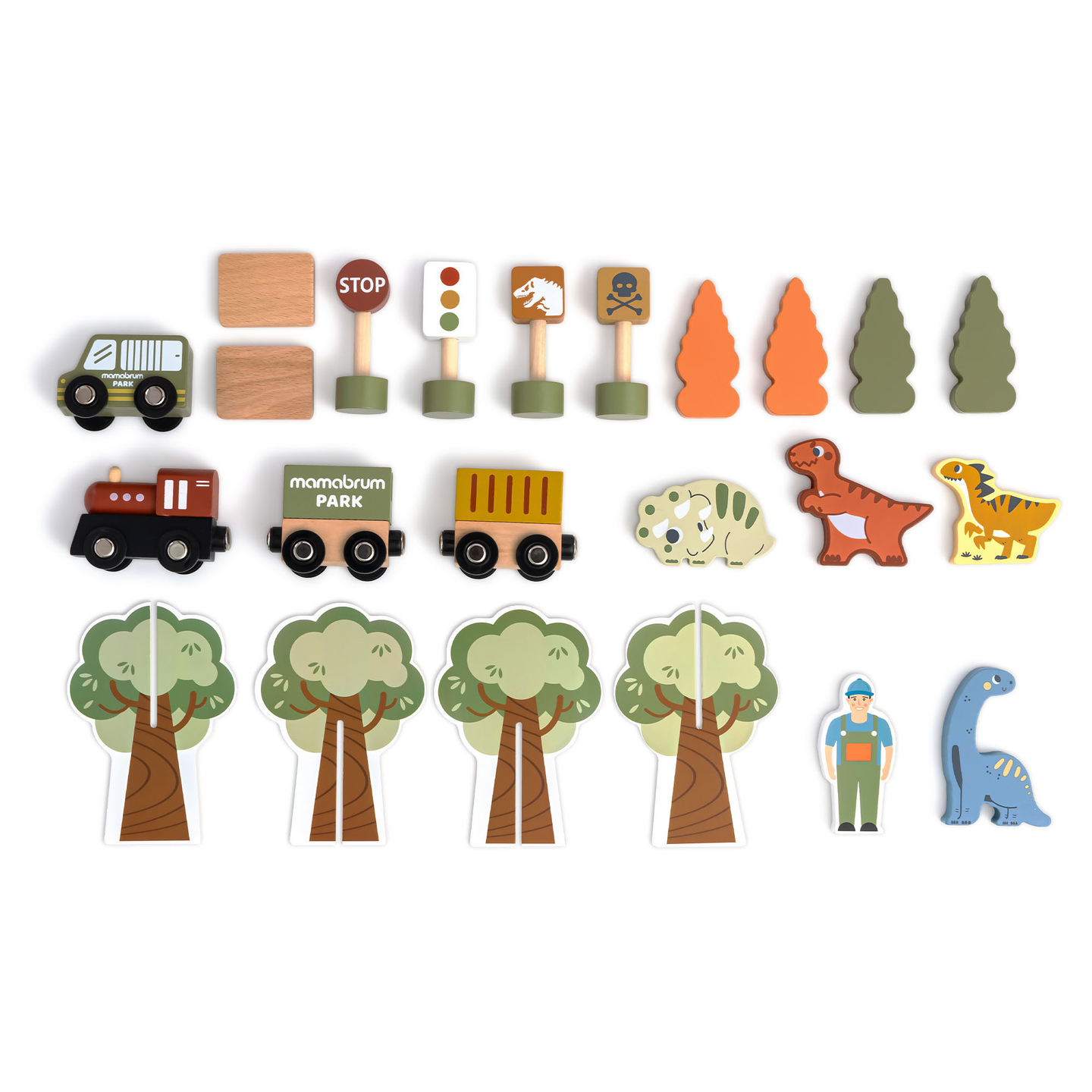 Ξύλινο τρενάκι Dino Park με αντιολισθητικό χαλάκι - δεινόσαυροι, τρένο, γραμμές, ηφαίστειο, κουδούνι