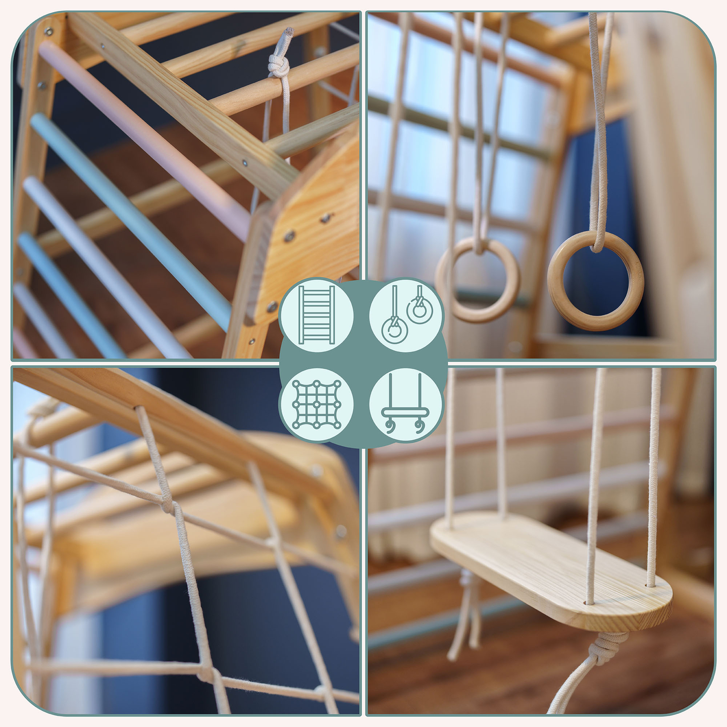 Ξύλινη εσωτερική παιδική χαρά με κούνια, γυμναστικούς κρίκους και δίχτυ αναρρίχησης