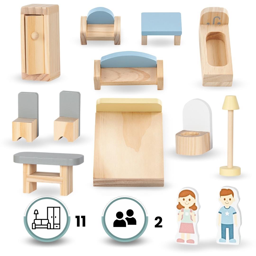 Λευκό ξύλινο κουκλόσπιτο με βεράντα και αξεσουάρ