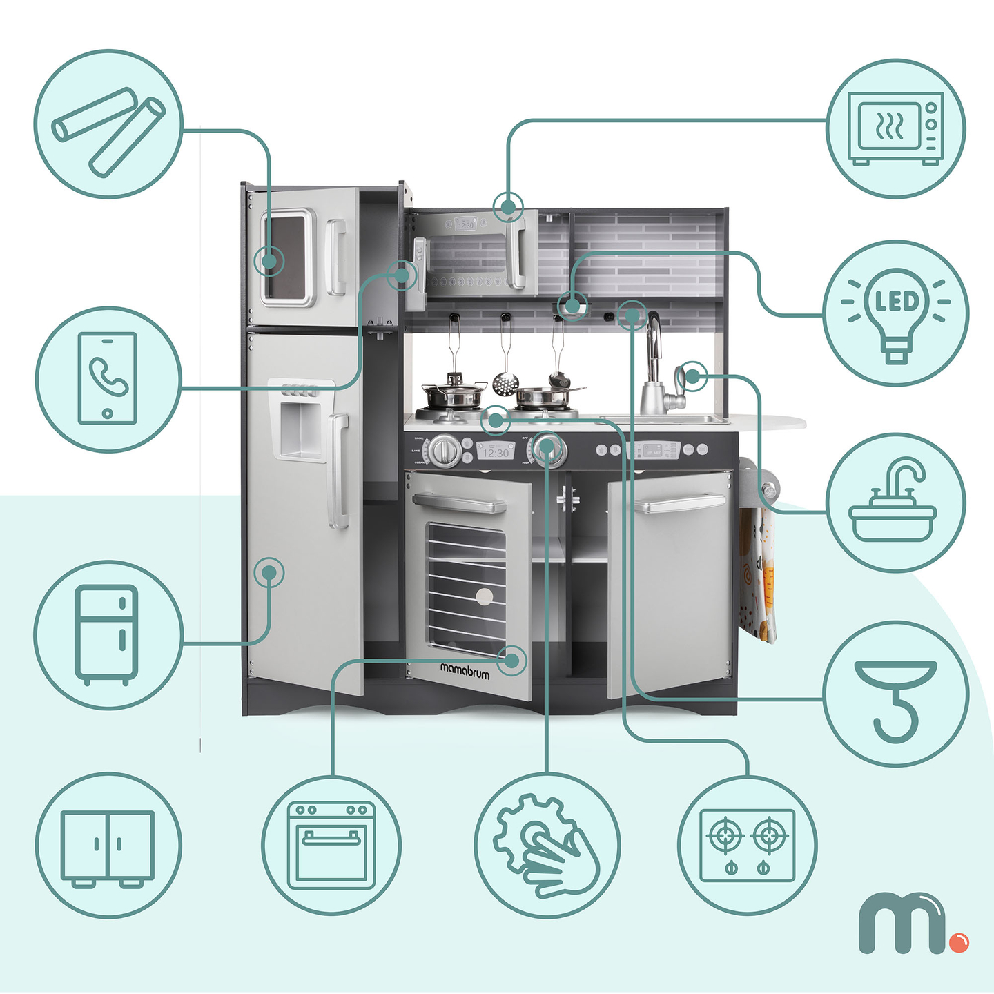 Ξύλινη κουζίνα XXL με φωτισμό LED, ποδιά και αξεσουάρ