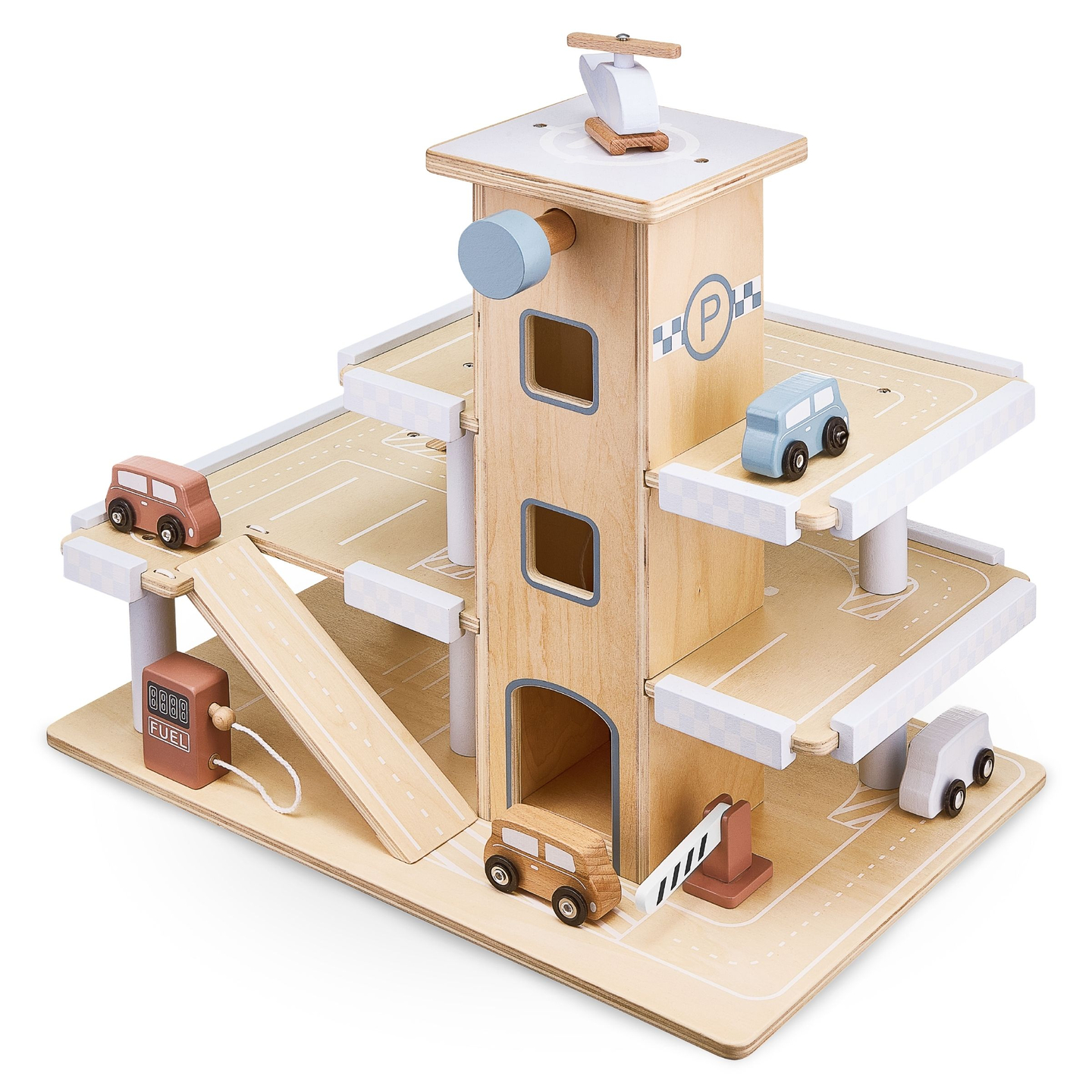 Ξύλινος τριώροφος χώρος στάθμευσης με ανελκυστήρα - γκαράζ με αυτοκίνητα και ελικόπτερο