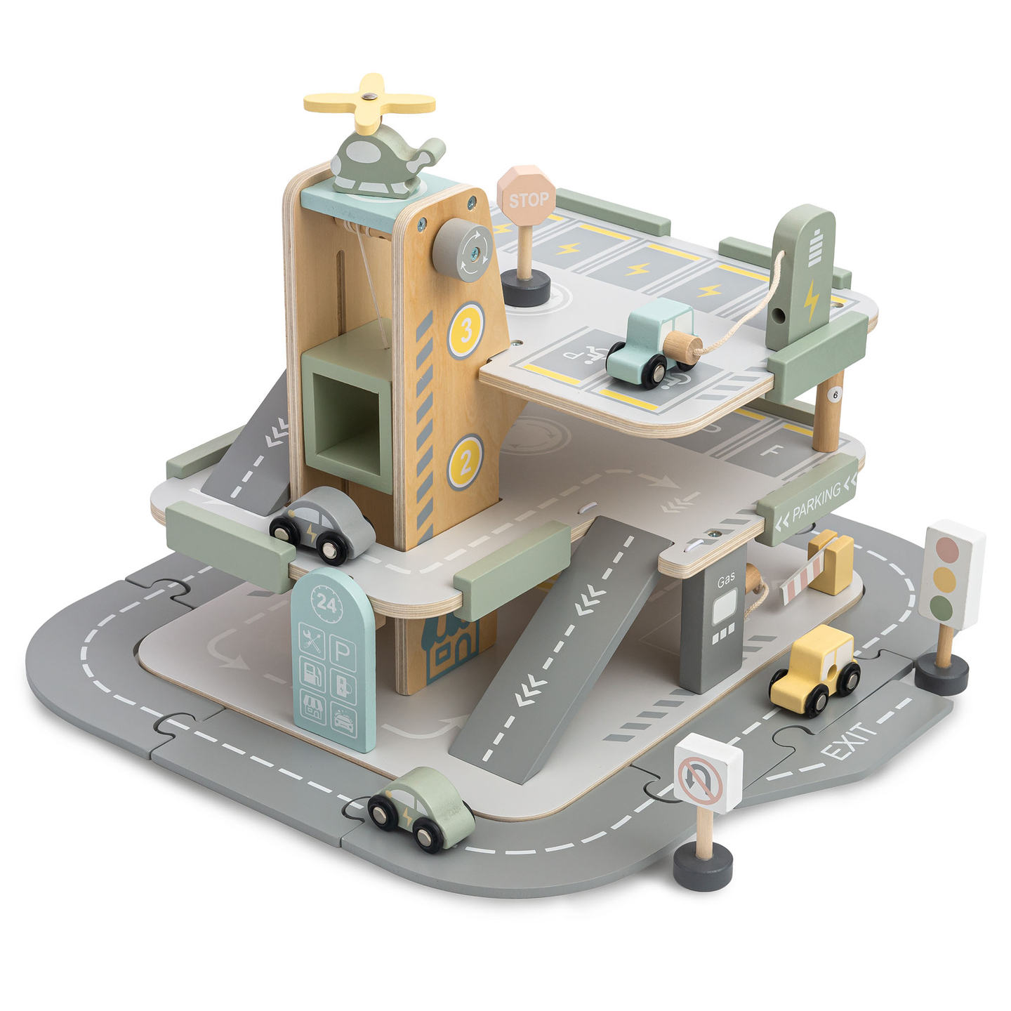 Ξύλινο, τριώροφο γκαράζ για παιδιά με αξεσουάρ – χώρος στάθμευσης, βενζινάδικο, πλυντήριο αυτοκινήτων, ελικόπτερο