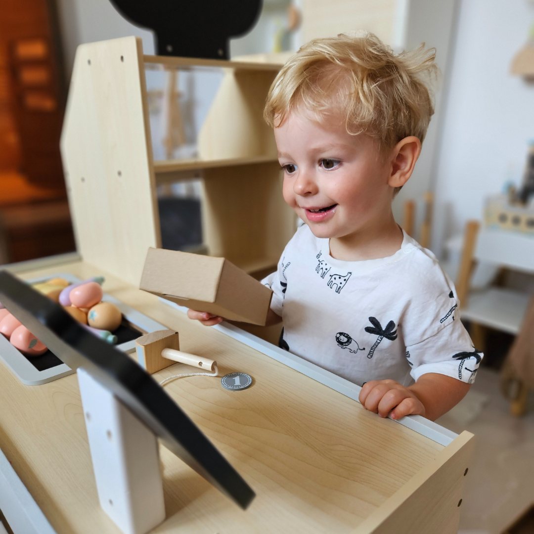 Ξύλινη αγορά λαχανικών - μεγάλος πάγκος XXL, κατάστημα με ταμειακή μηχανή παιχνιδιού