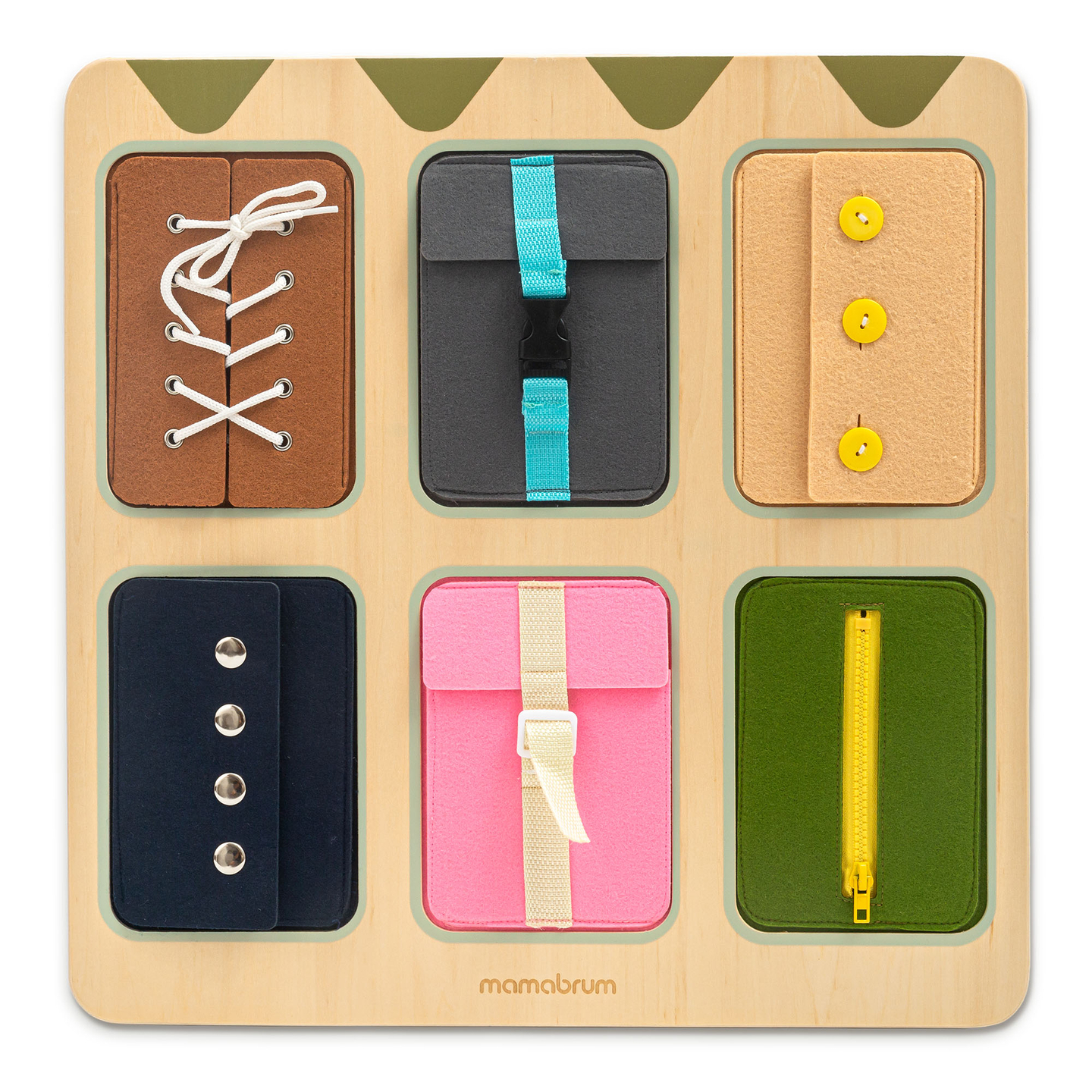 Ξύλινη σανίδα χειρισμού Montessori – Αισθητηριακή μάθηση ανεξαρτησίας - κορδόνια, αγκράφες, κουμπιά, κουμπώματα, φερμουάρ