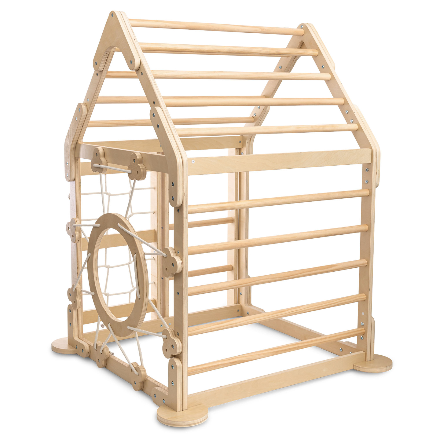 Ξύλινη εσωτερική παιδική χαρά για παιδιά - ένα σπίτι με σκάλες και μια τσουλήθρα