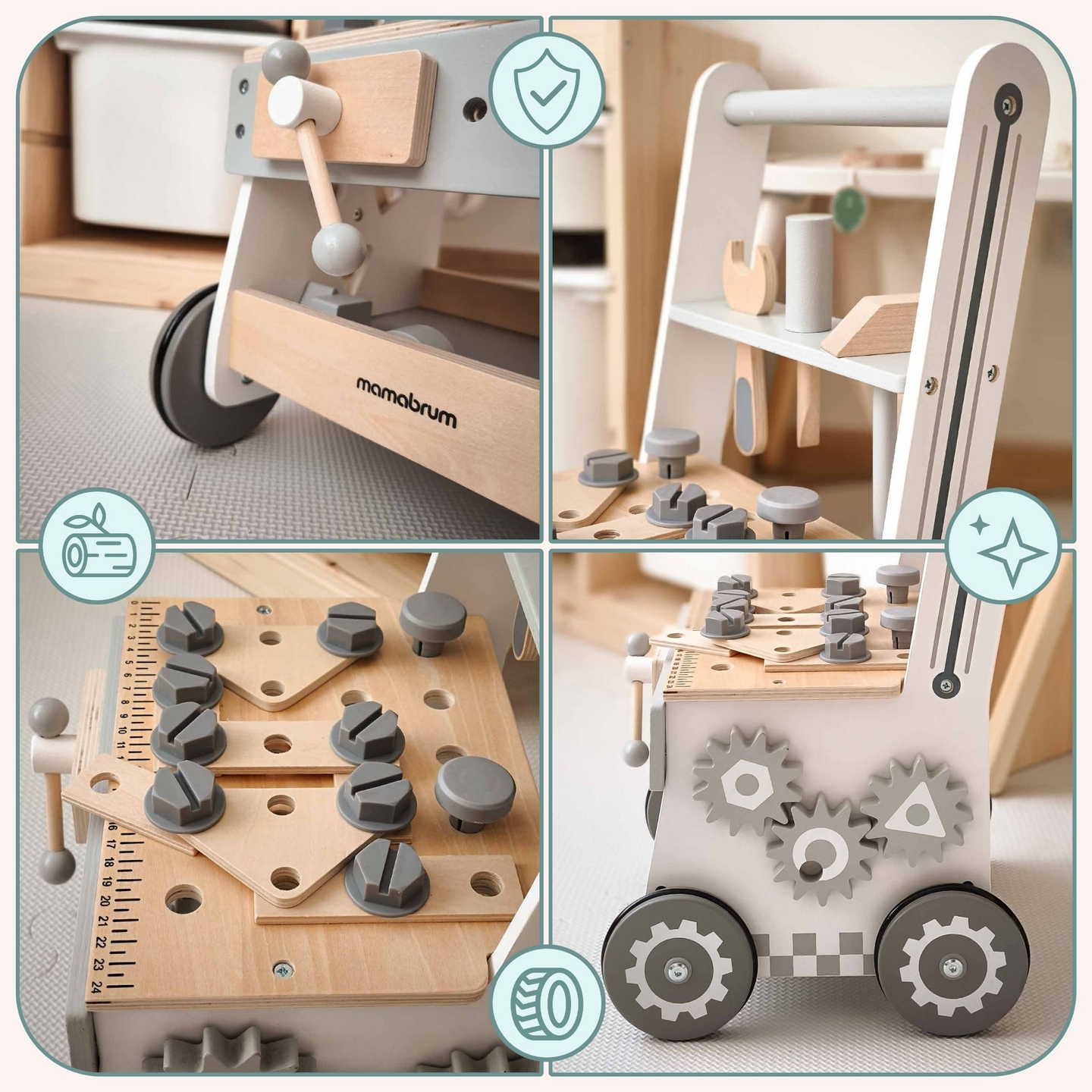 3 σε 1 ξύλινη περπατούρα, σπρώχτης + εργαστήριο - 47 στοιχεία