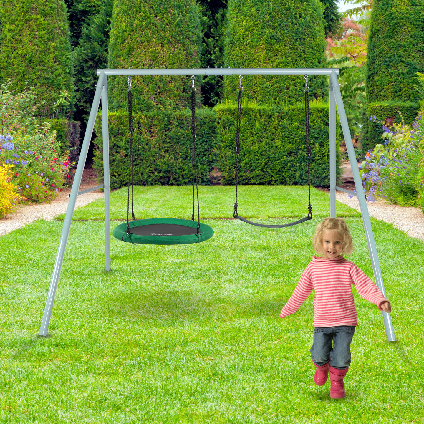 Διπλή κούνια κήπου με πλαίσιο και σχοινιά - κάθισμα και φωλιά πελαργού