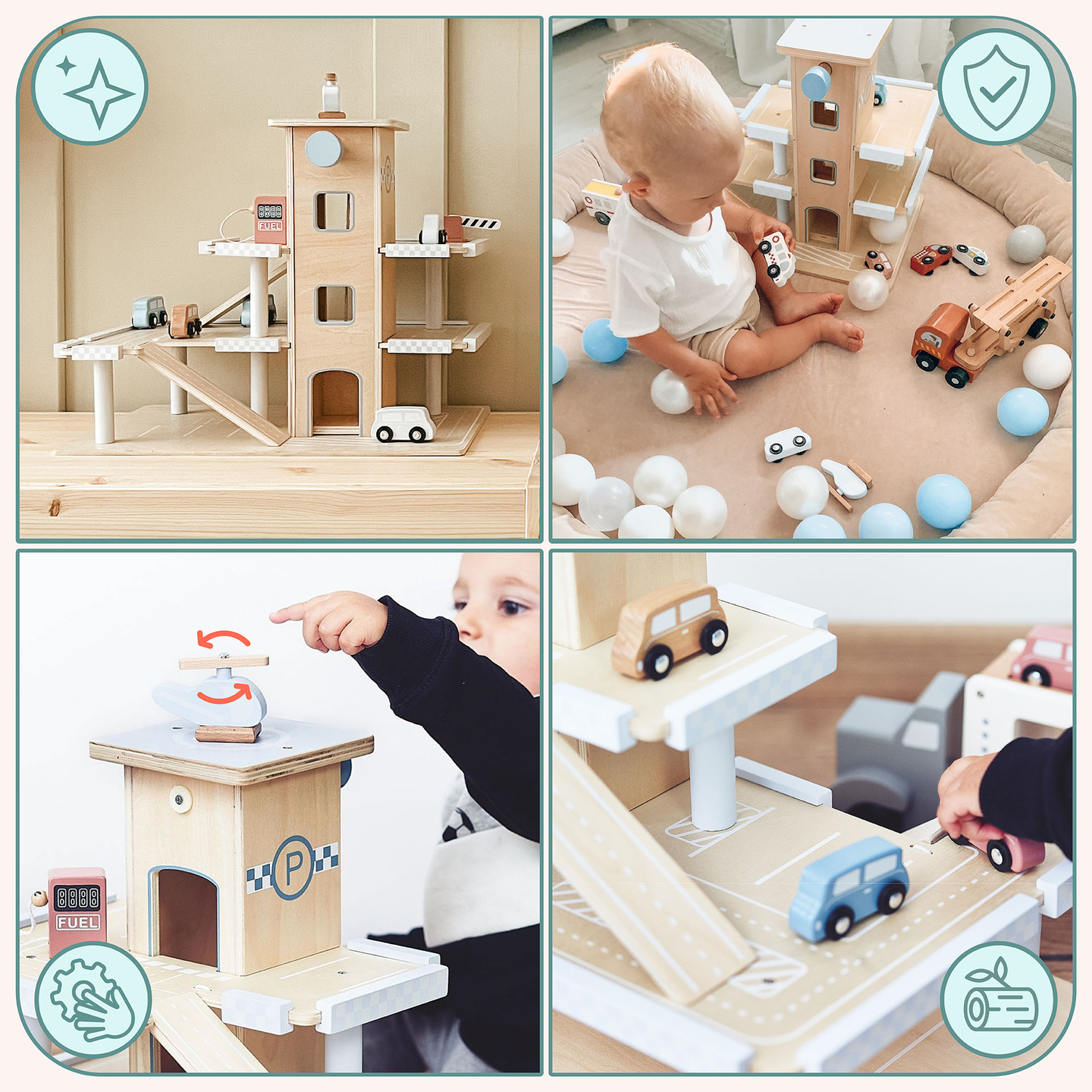 Ξύλινος τριώροφος χώρος στάθμευσης με ανελκυστήρα - γκαράζ με αυτοκίνητα και ελικόπτερο