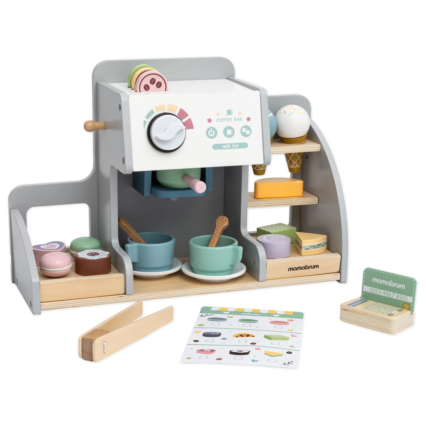 Ένα μεγάλο ξύλινο παγωτατζίδικο με μαγνητικό πίνακα, καφετιέρα και σετ παγωτού και γλυκών - πάνω από 70 κομμάτια!