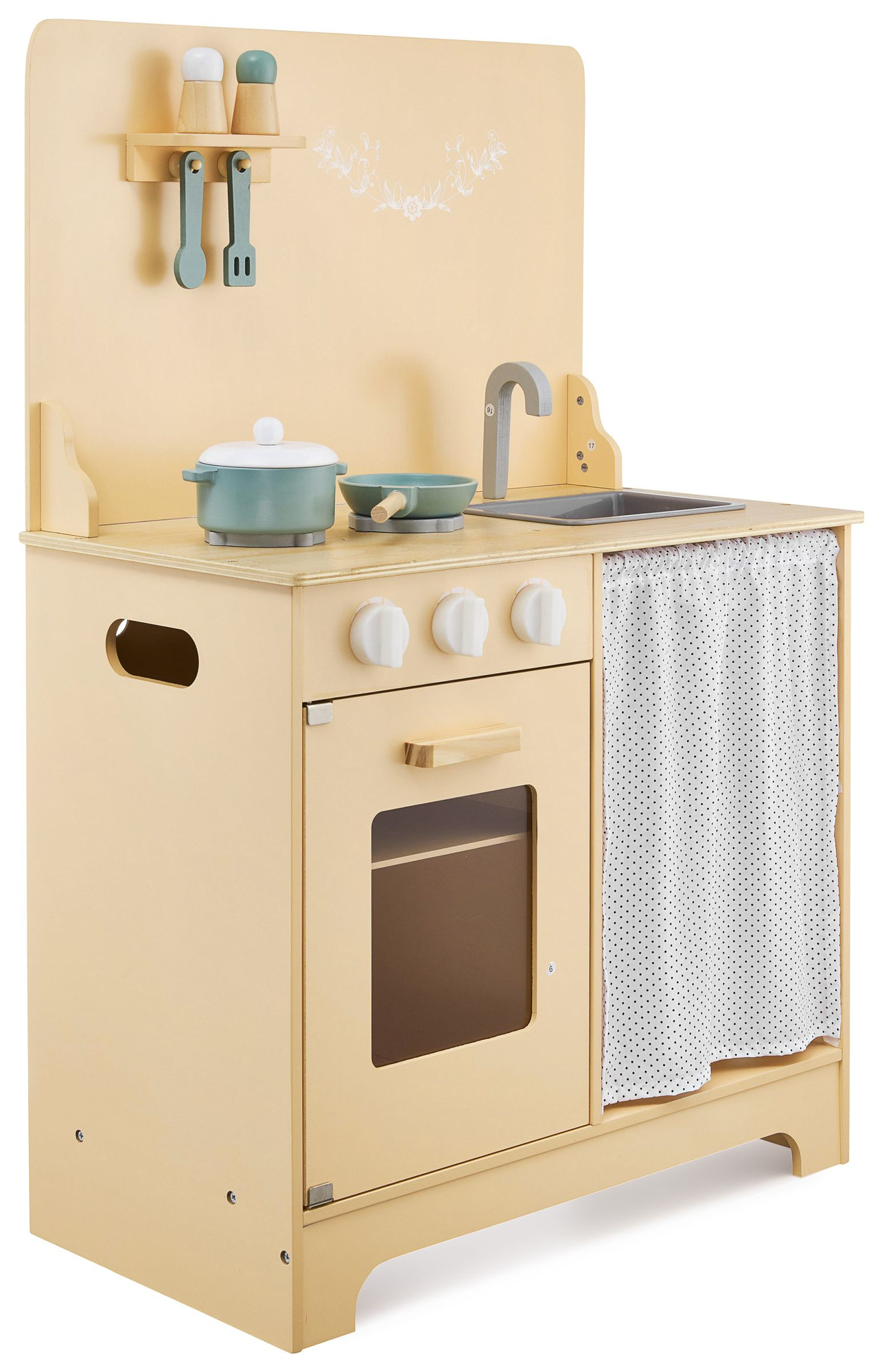 Ξύλινη κουζίνα με ποδιά, αξεσουάρ και φωτισμό LED