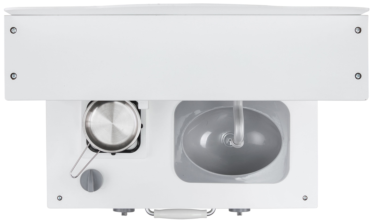 Λευκή ξύλινη κουζίνα με ποδιά, αξεσουάρ και λάμπα LED