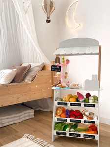 Κατάστημα λαχανικών - ξύλινος πάγκος με κιβώτια, ταμειακή μηχανή και τερματικό