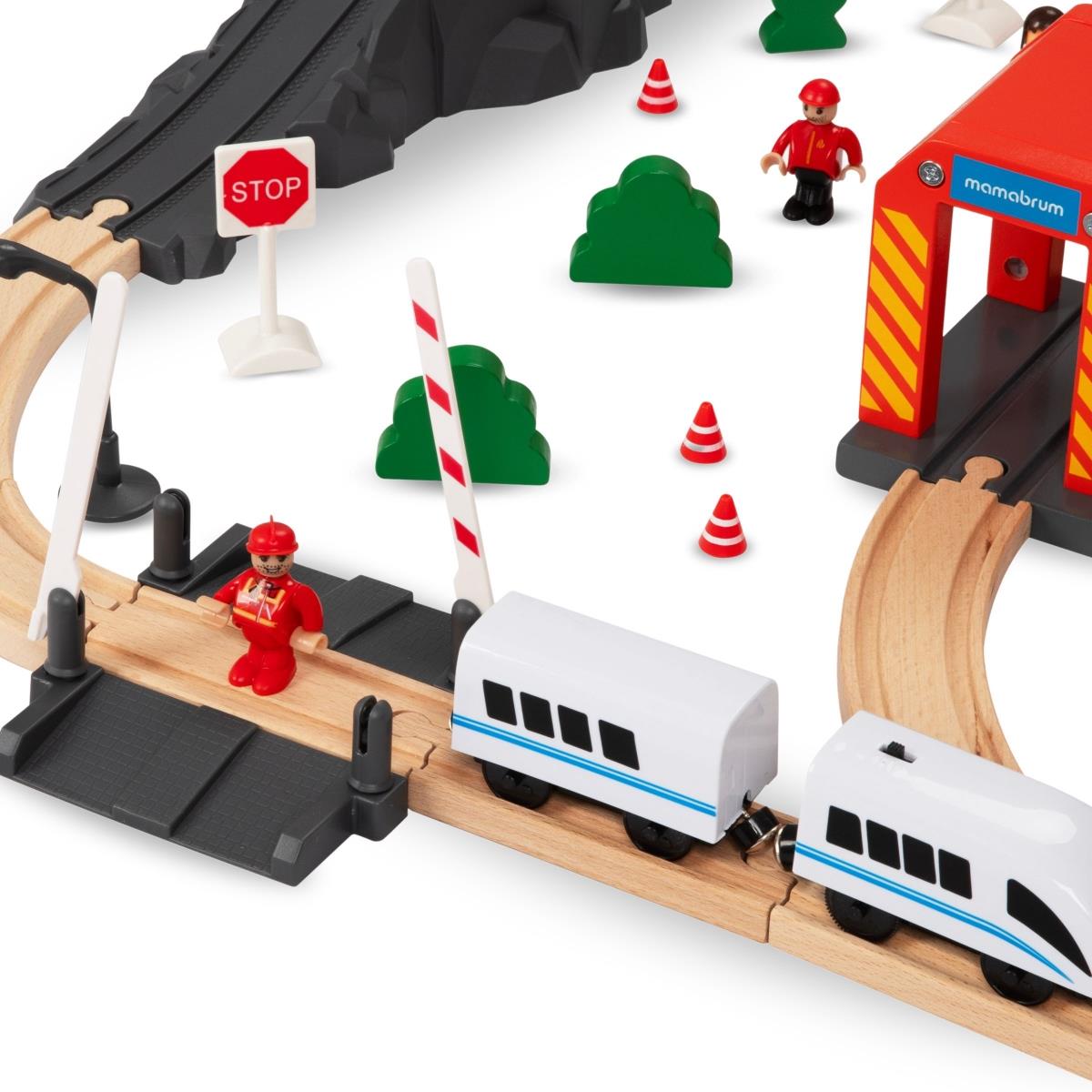 Ξύλινο τρένο, τρένο με μπαταρία - Πυροσβεστική Υπηρεσία, ράγες, αυτοκίνητα, γέφυρες, φράγμα