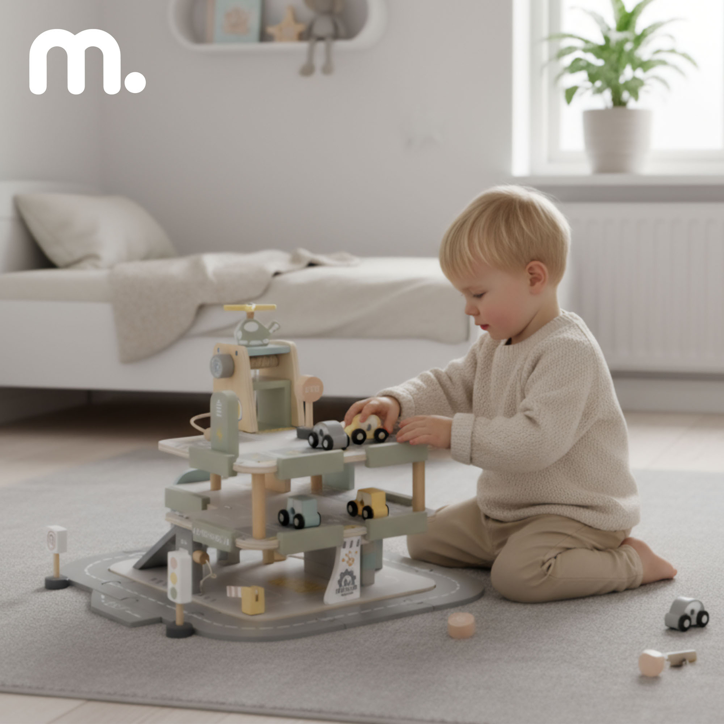 Ξύλινο, τριώροφο γκαράζ για παιδιά με αξεσουάρ – χώρος στάθμευσης, βενζινάδικο, πλυντήριο αυτοκινήτων, ελικόπτερο