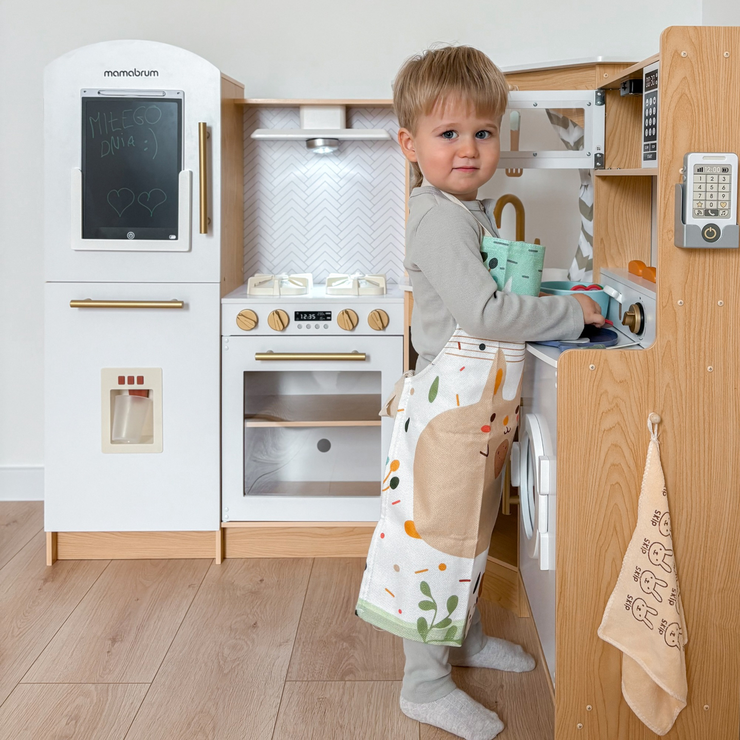 XXXXL μεγάλη ξύλινη διαδραστική κουζίνα με φωτισμό LED, πλυντήριο ρούχων, φούρνο μικροκυμάτων - 50 στοιχεία