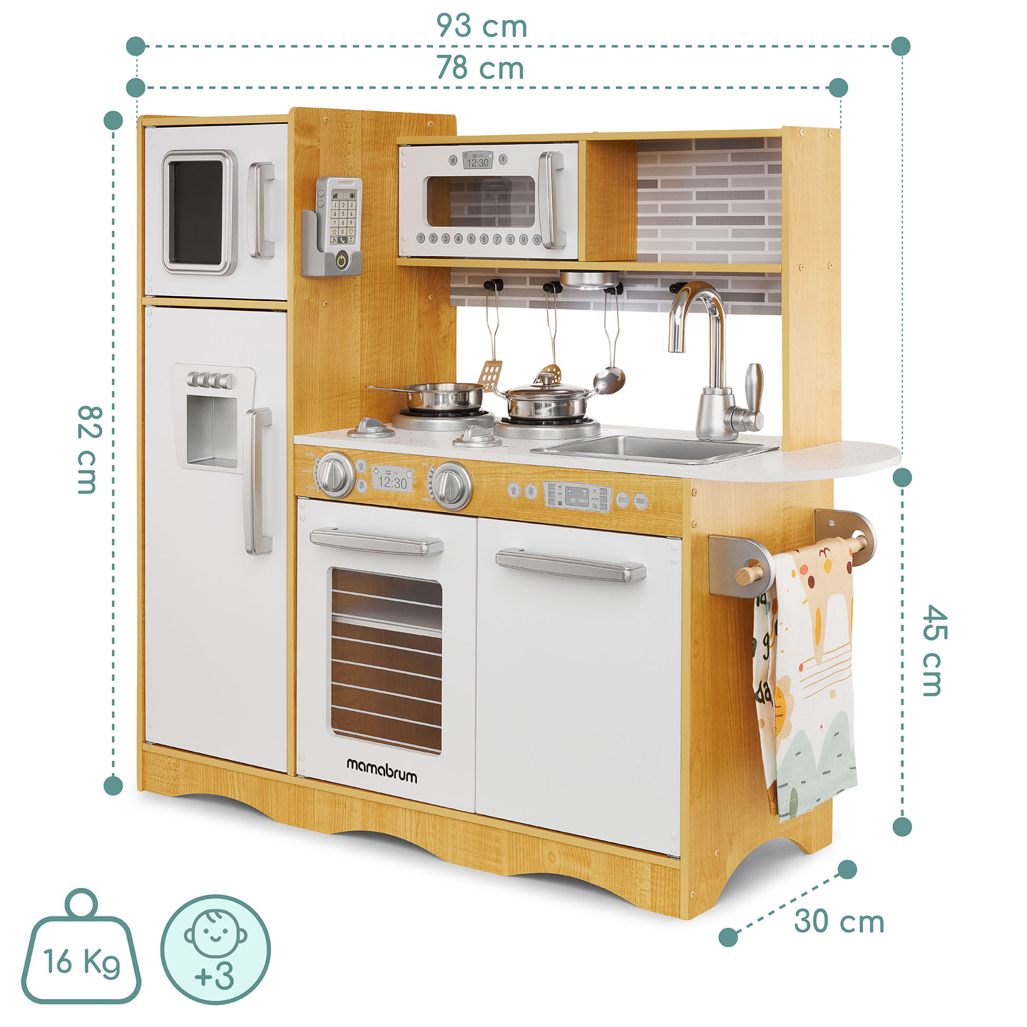 Ξύλινη κουζίνα XXL με φωτισμό LED, ποδιά και αξεσουάρ