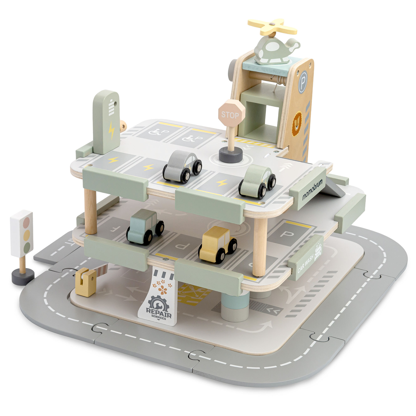 Ξύλινο, τριώροφο γκαράζ για παιδιά με αξεσουάρ – χώρος στάθμευσης, βενζινάδικο, πλυντήριο αυτοκινήτων, ελικόπτερο