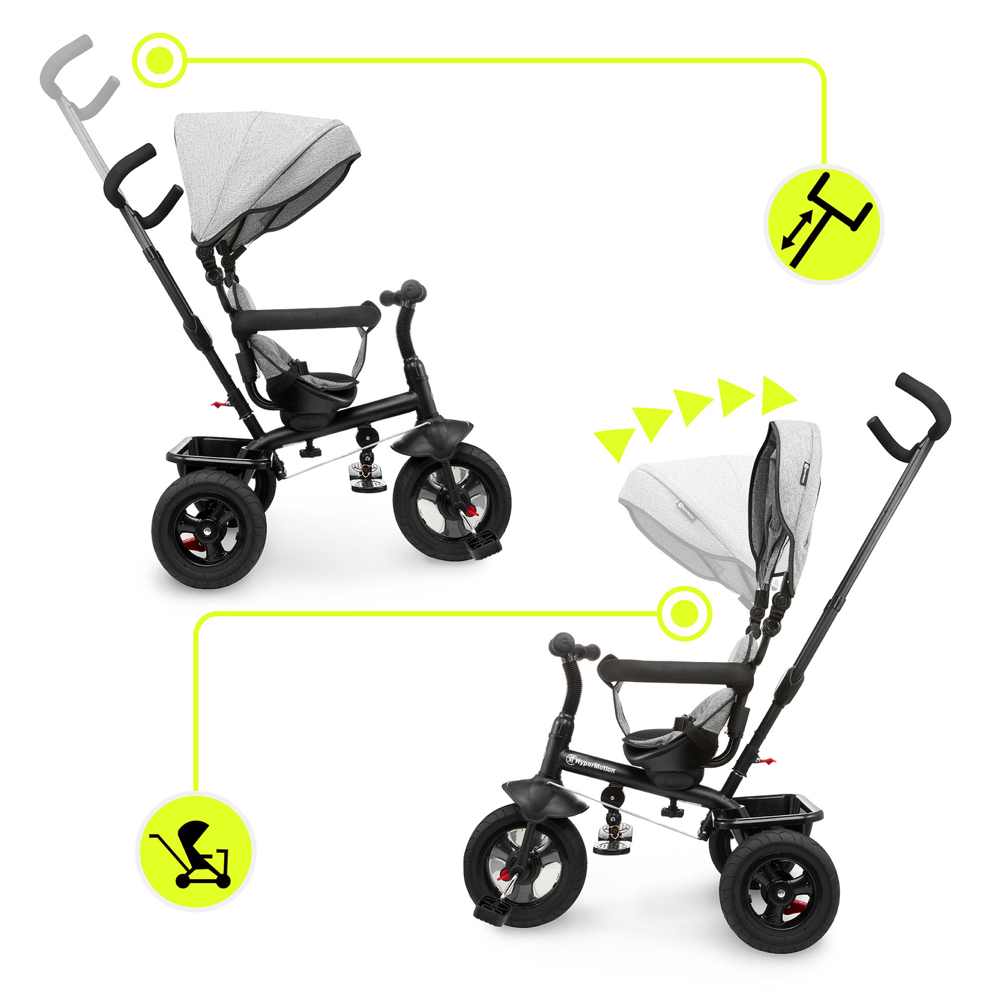 Τρίκυκλο για παιδιά 1-4 ετών - TOBI FREY - γκρι χρώμα - περιστρεφόμενο - τροχοί με αντλία + ωθητήρας