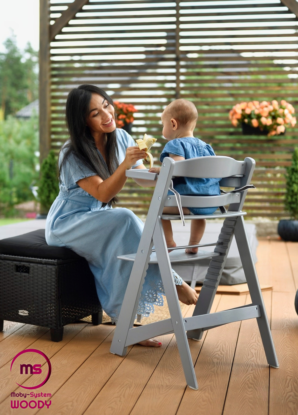 Ξύλινη καρέκλα σίτισης Moby-System WOODY - γκρι χρώμα