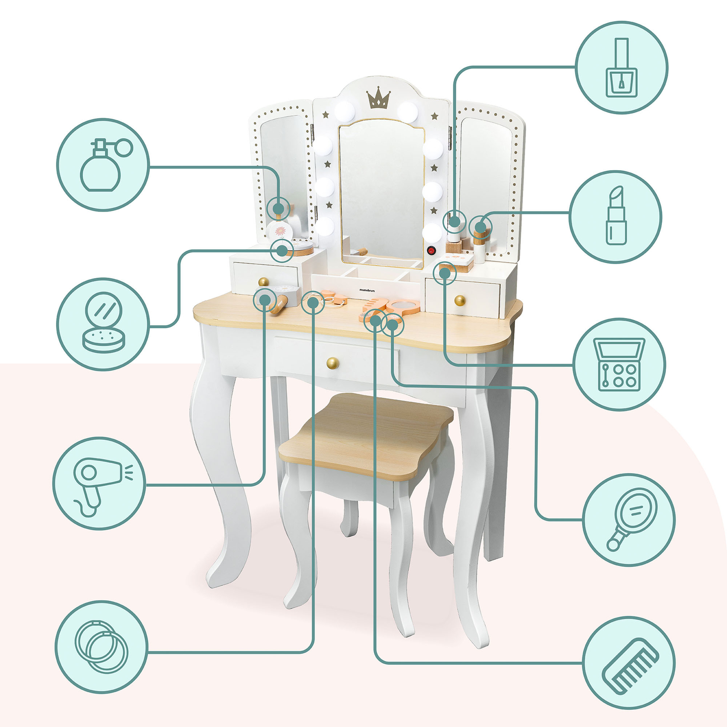 Ξύλινο κομοδίνο XXL με σκαμπό και φωτισμό LED για παιδιά + αξεσουάρ