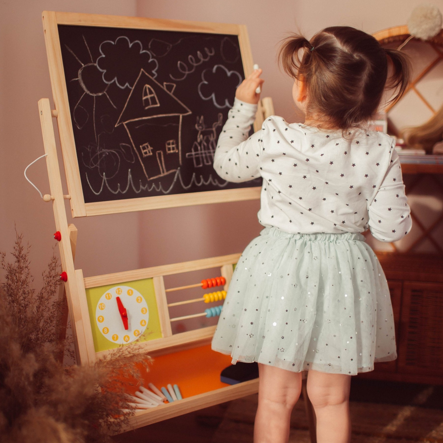 Μεγάλος εκπαιδευτικός πίνακας δύο όψεων: μαγνητικός και μαυροπίνακας - πίνακας ξηρής διαγραφής, ξύλινος