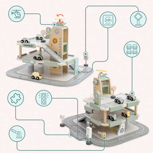 Ξύλινο, τριώροφο γκαράζ για παιδιά με αξεσουάρ – χώρος στάθμευσης, βενζινάδικο, πλυντήριο αυτοκινήτων, ελικόπτερο