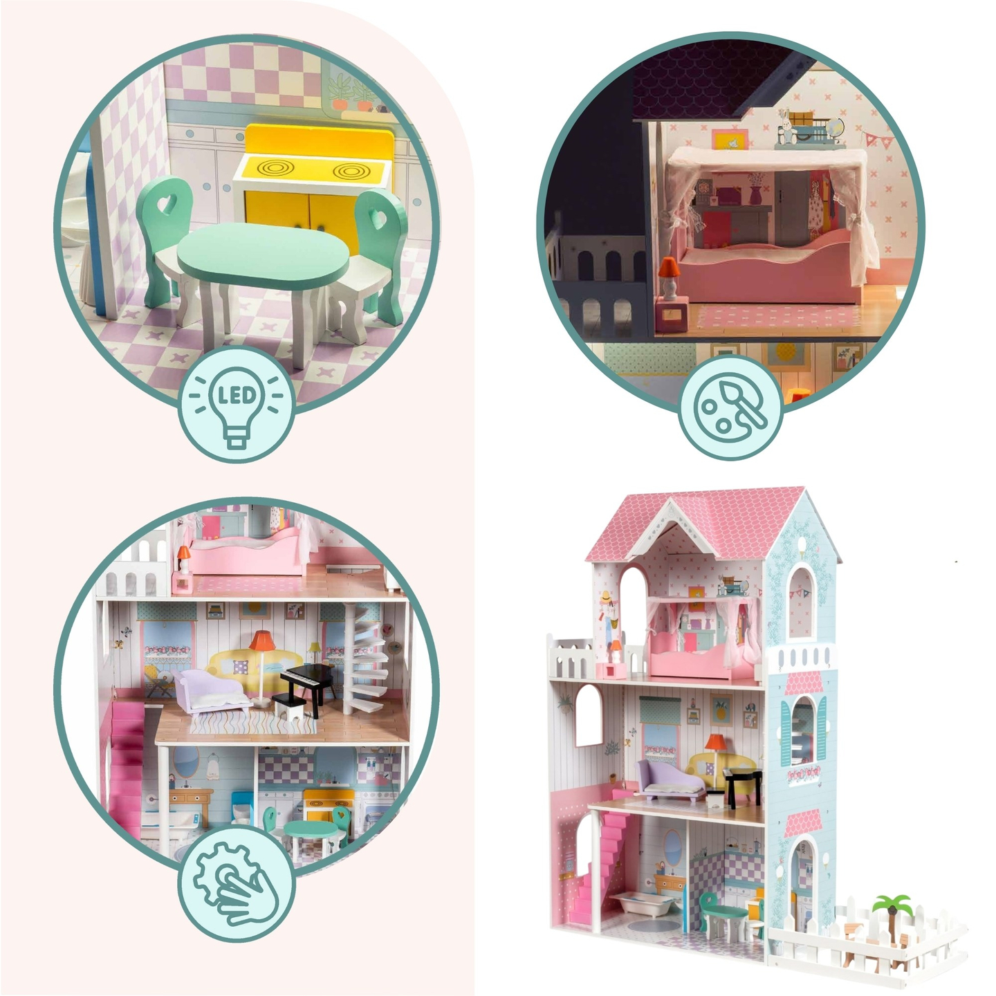 XXL Το μεγαλύτερο ξύλινο κουκλόσπιτο - 123 cm - φωτιζόμενο με LED - βεράντα, αξεσουάρ, κήπος