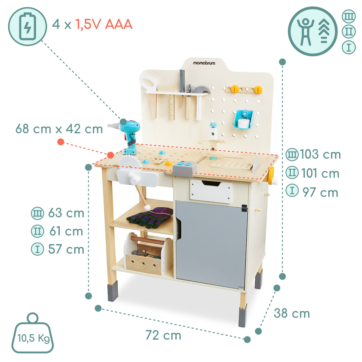 XXL Μεγάλο ξύλινο εργαστήριο με εργαλεία - σετ DIY, 74 στοιχεία
