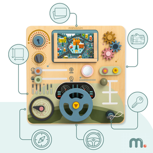 Ξύλινη σανίδα Montessori 2 σε 1 πιλοτήριο για τον μικρό οδηγό και πιλότο – τιμόνι, λεβιές ταχυτήτων, χάρτες ταξιδιού, ραντάρ