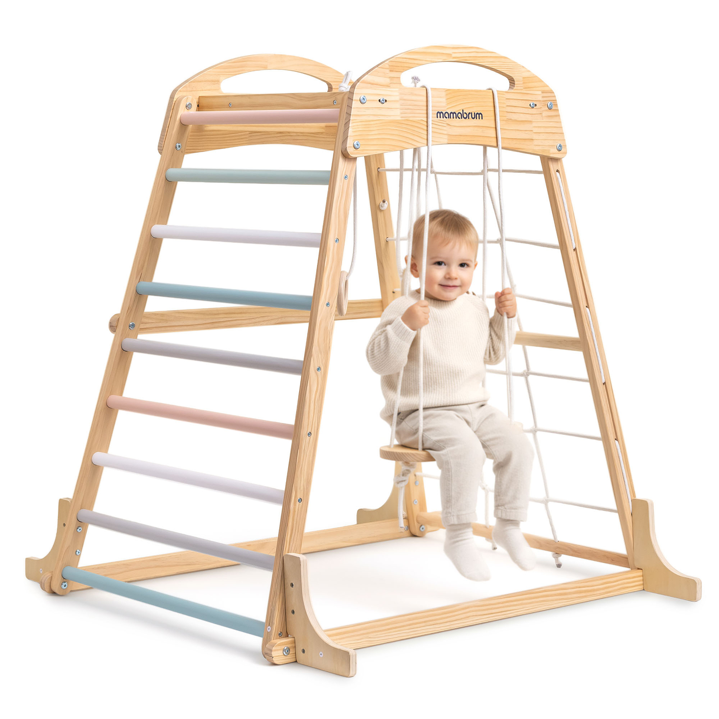 Ξύλινη εσωτερική παιδική χαρά με κούνια, γυμναστικούς κρίκους και δίχτυ αναρρίχησης