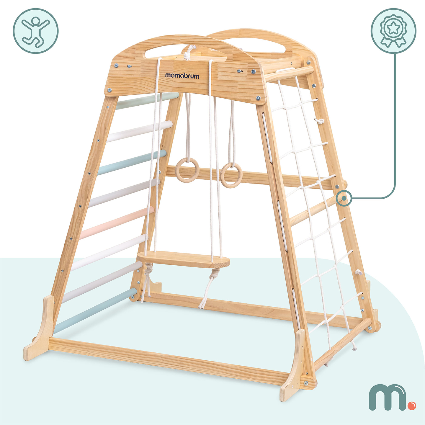 Ξύλινη εσωτερική παιδική χαρά με κούνια, γυμναστικούς κρίκους και δίχτυ αναρρίχησης