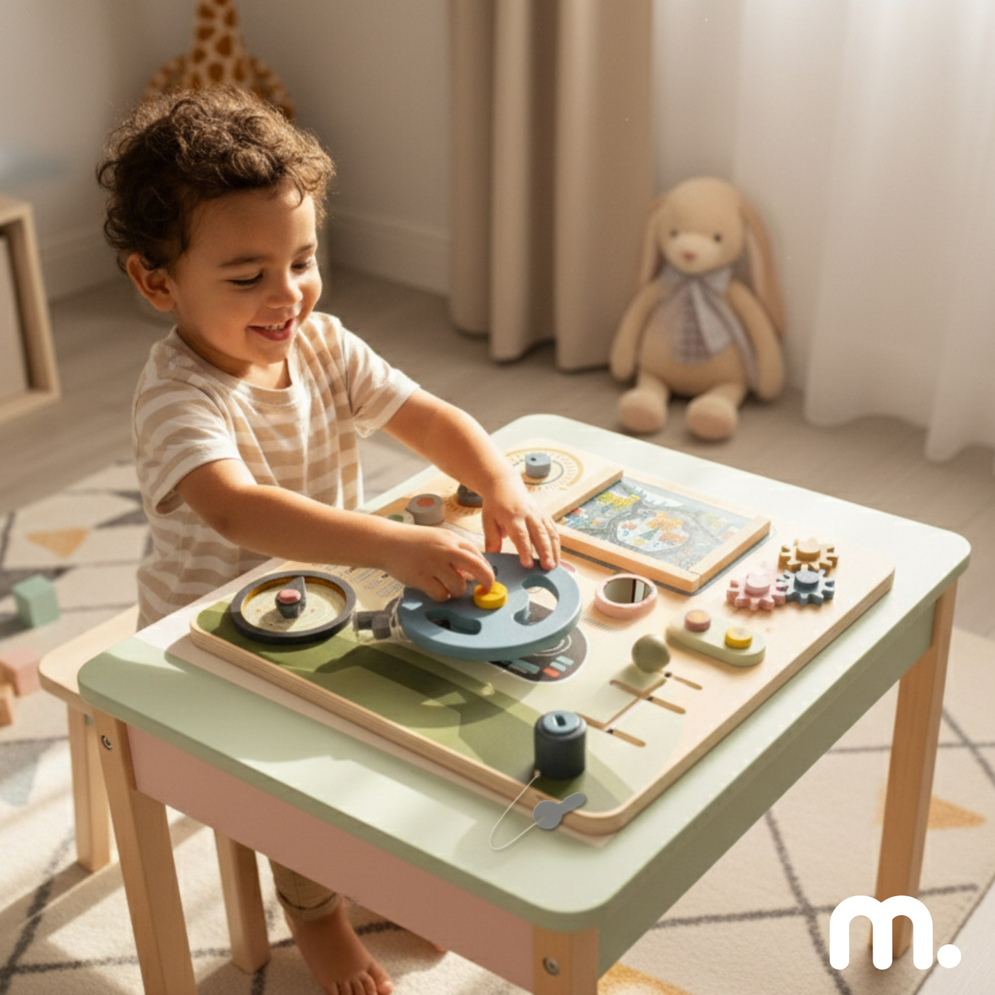 Ξύλινη σανίδα Montessori 2 σε 1 πιλοτήριο για τον μικρό οδηγό και πιλότο – τιμόνι, λεβιές ταχυτήτων, χάρτες ταξιδιού, ραντάρ