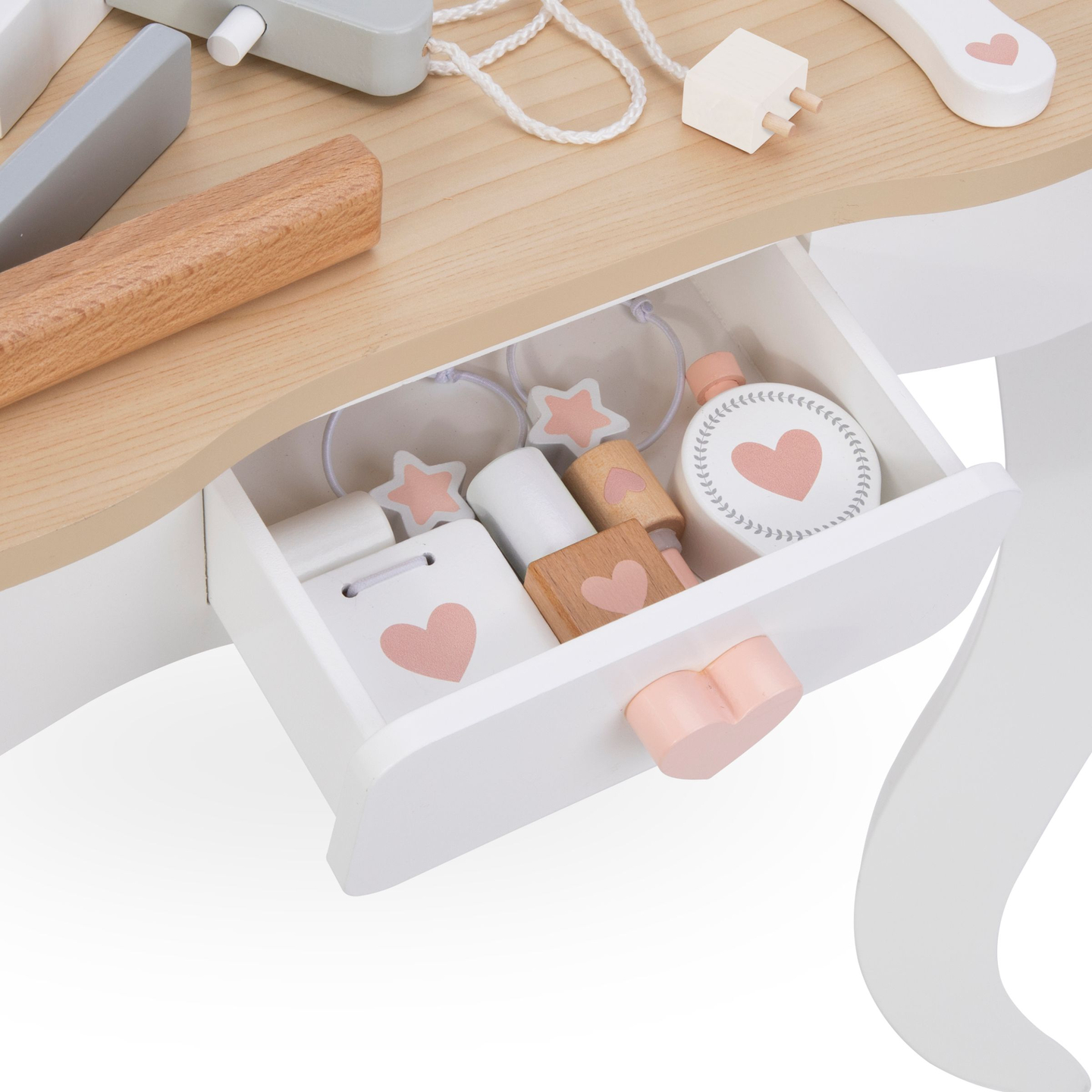 Ξύλινο κομοδίνο με σκαμπό και αξεσουάρ