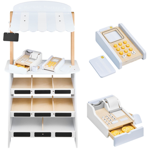 Κατάστημα λαχανικών - ξύλινος πάγκος με κιβώτια, ταμειακή μηχανή και τερματικό