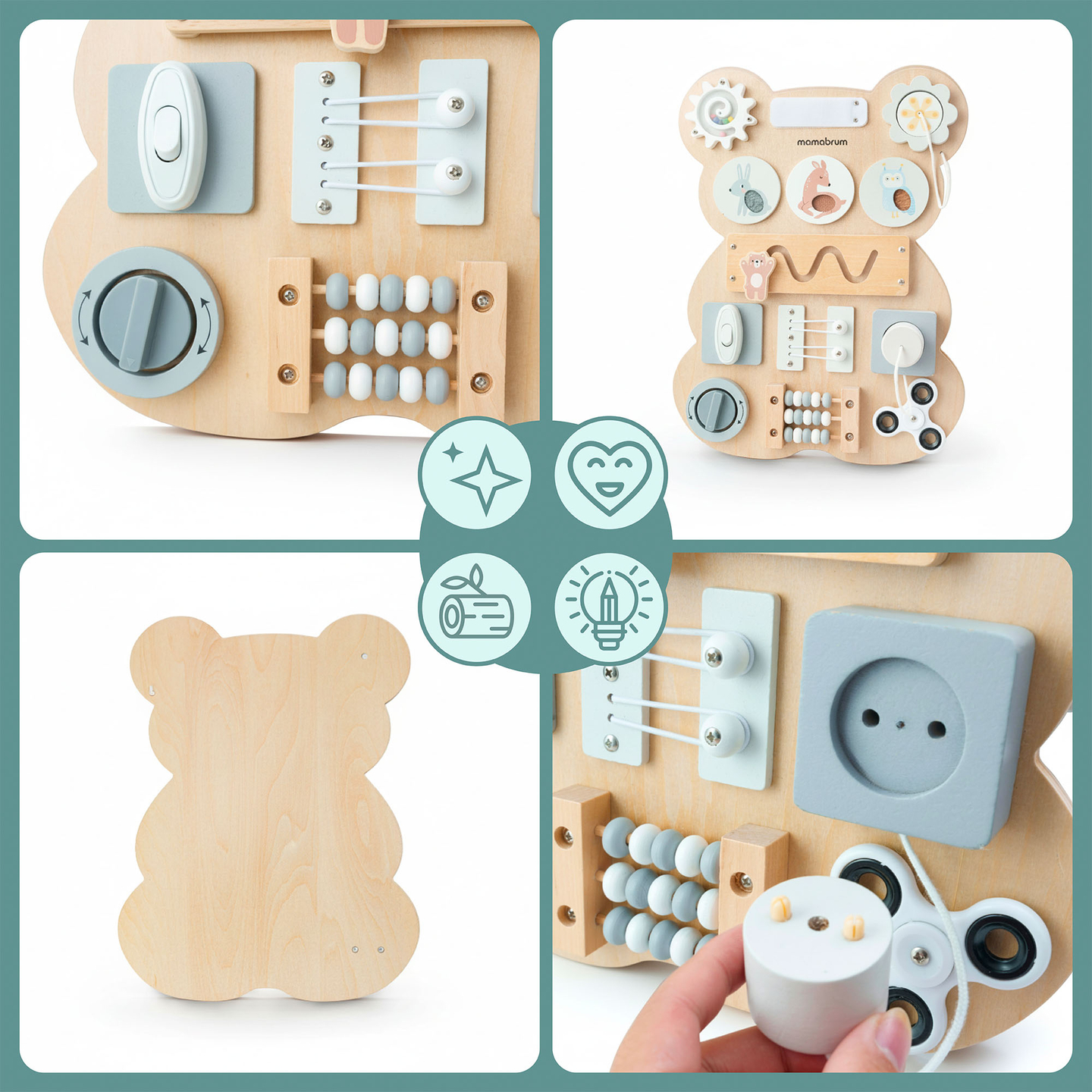 Ξύλινη σανίδα χειρισμού Montessori με αρκουδάκι - αισθητηριακή μάθηση ανεξαρτησίας: Velcro, βύσμα, λαβύρινθος, κουμπί κλικ