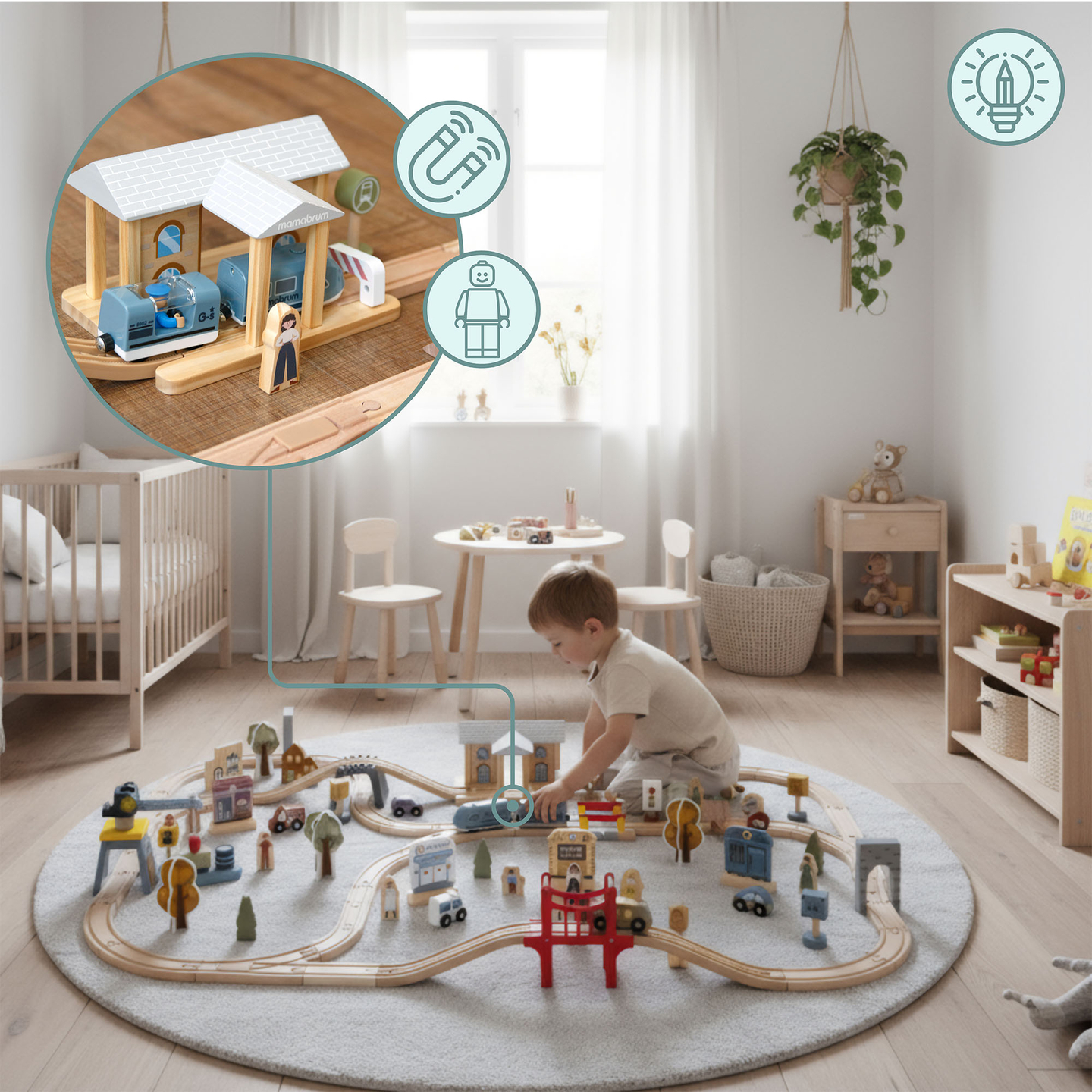 Ξύλινος σιδηρόδρομος πόλης με ηλεκτρικό τρένο - κινούμενος γερανός, πλοίο, γέφυρες