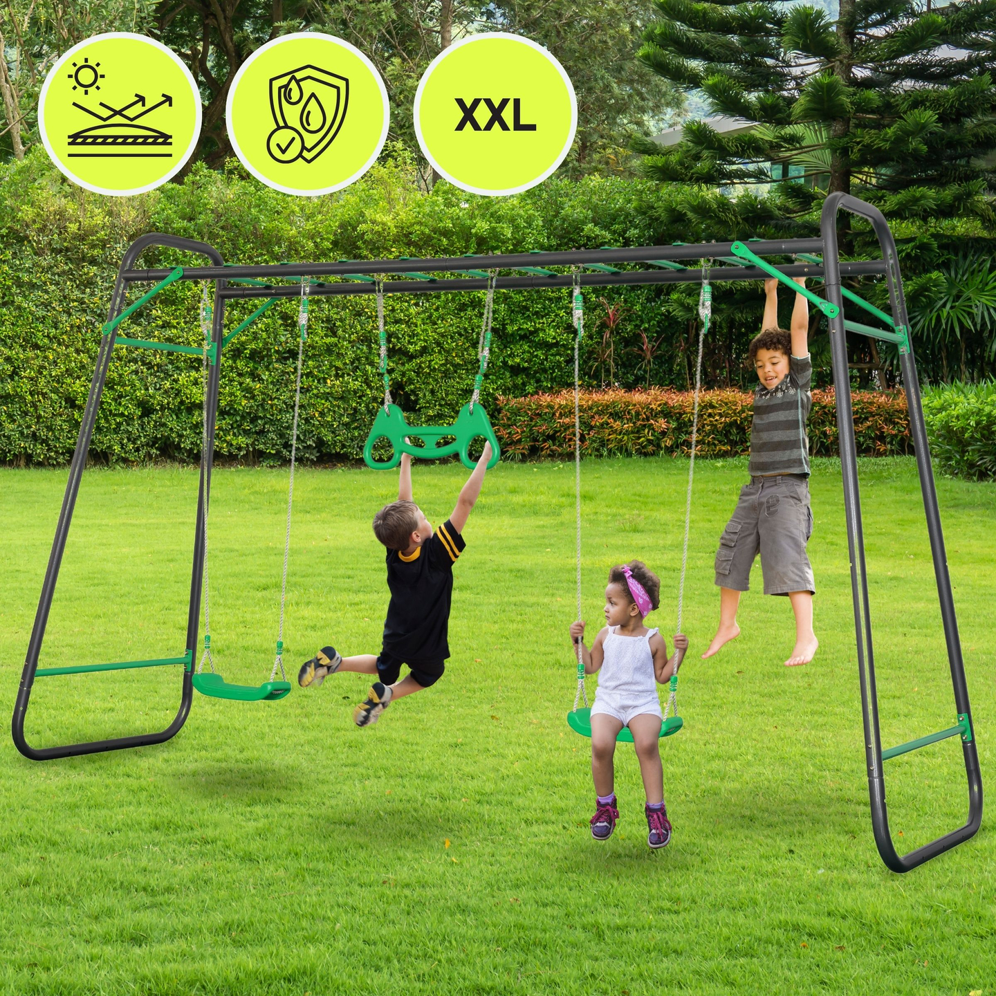 Χαλύβδινη κούνια κήπου XXL - 2 καθίσματα, σκάλα, τραπέζιο γυμναστικής