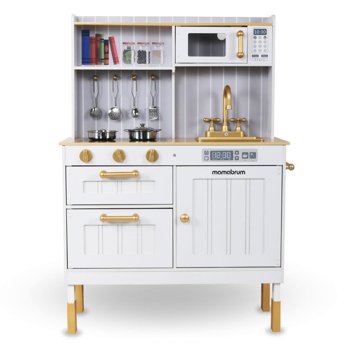 Ξύλινη λευκή κουζίνα με αξεσουάρ και ποδιά