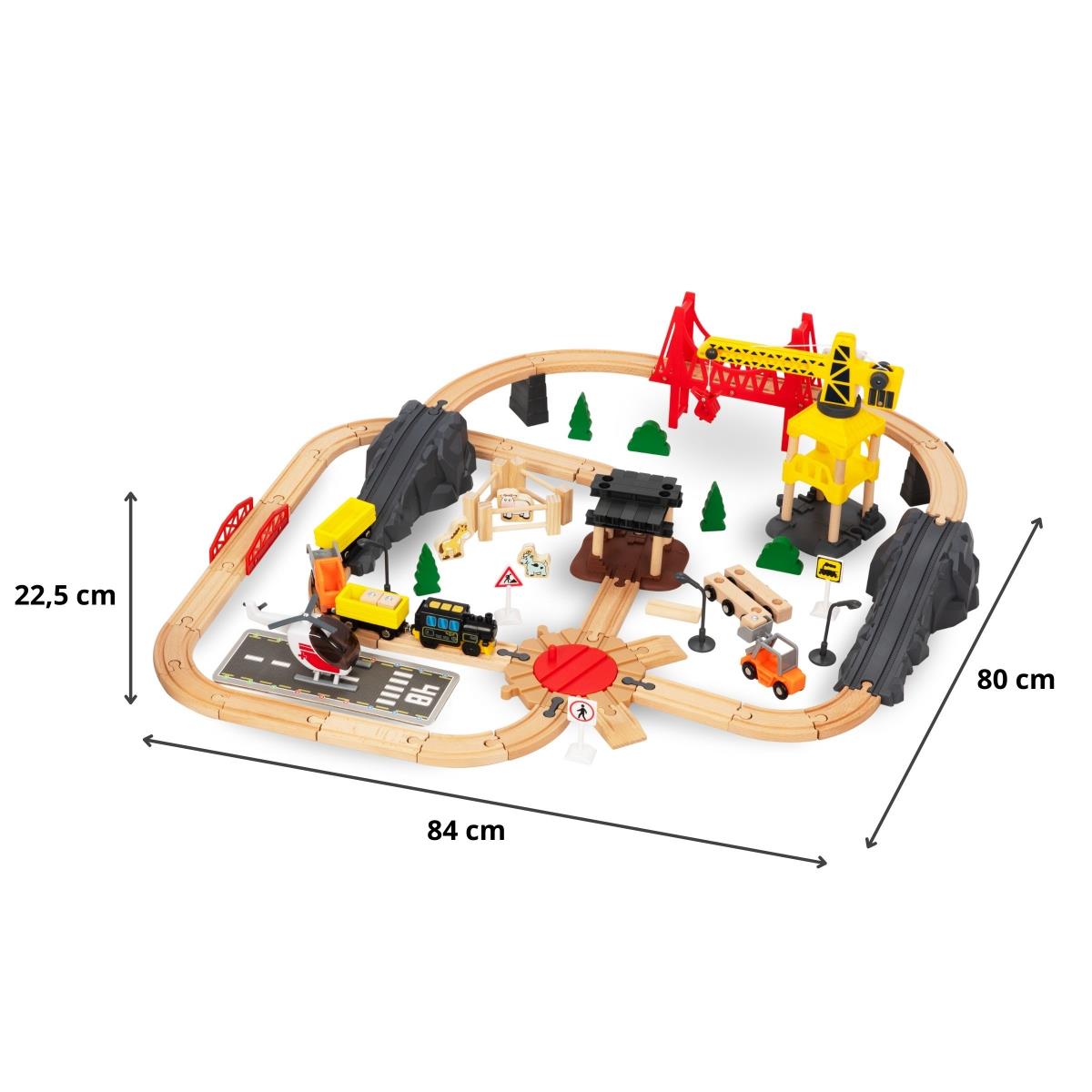 Ξύλινος σιδηρόδρομος, τρένο με μπαταρία - Πόλη: γραμμές, αυτοκίνητα, γέφυρα, αεροδρόμιο