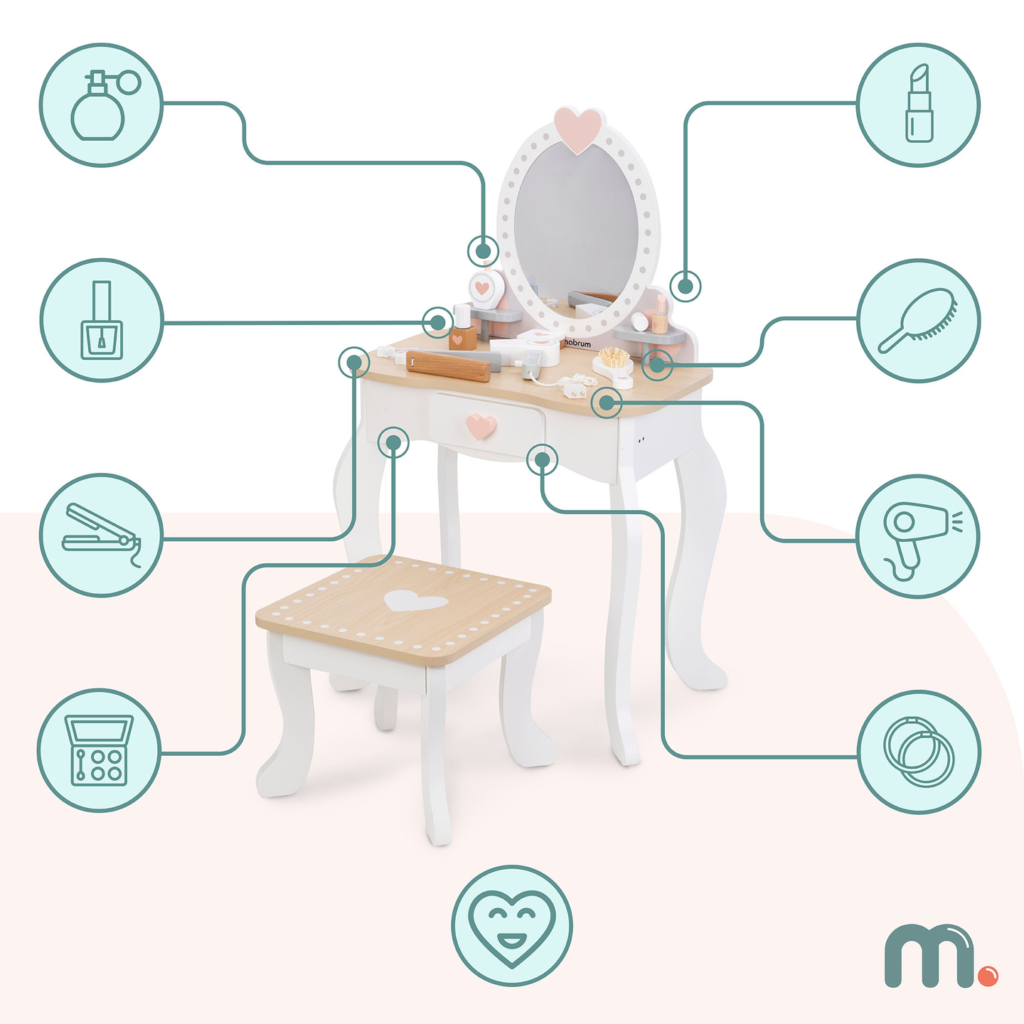 Ξύλινο κομοδίνο με σκαμπό και αξεσουάρ