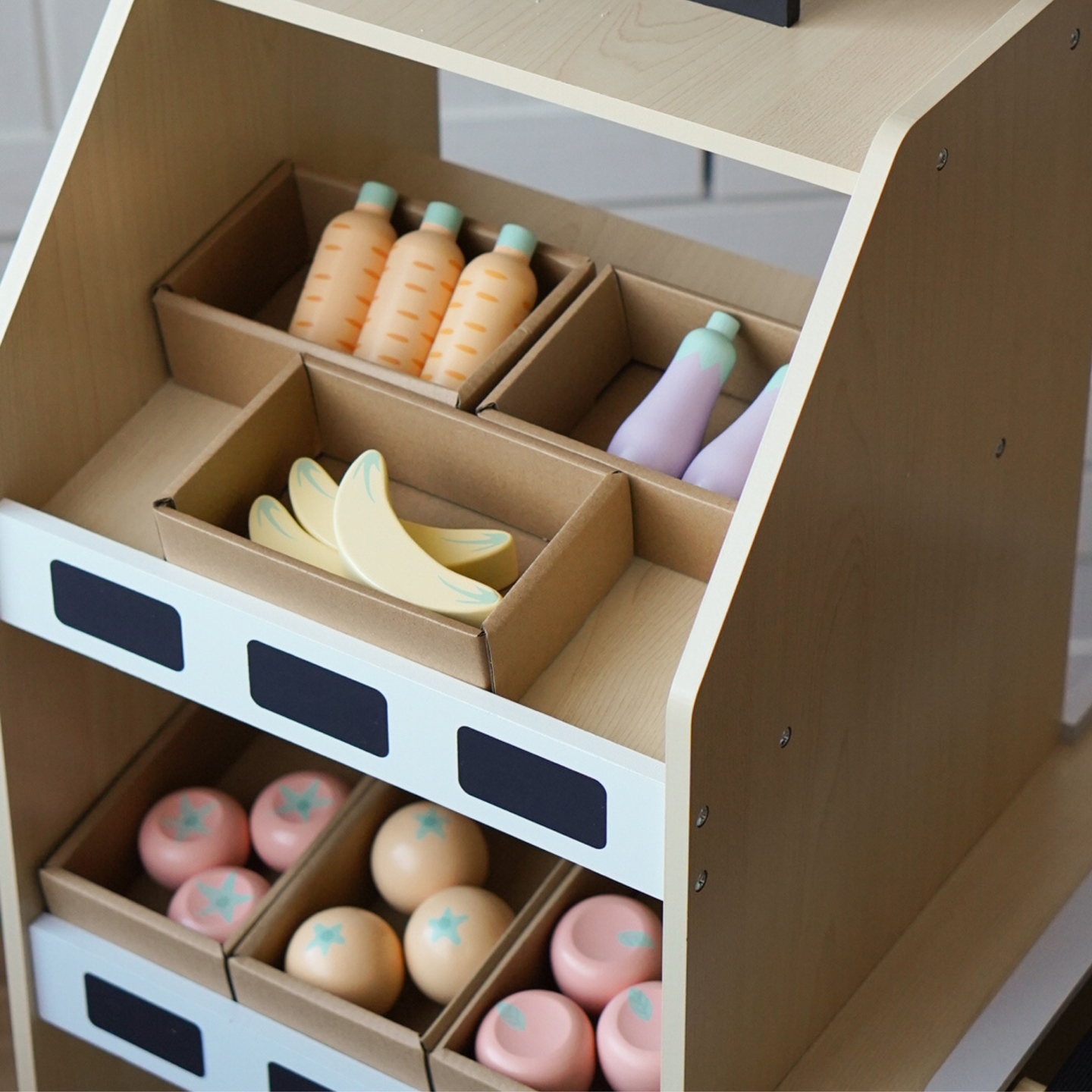 Ξύλινη αγορά λαχανικών - μεγάλος πάγκος XXL, κατάστημα με ταμειακή μηχανή παιχνιδιού