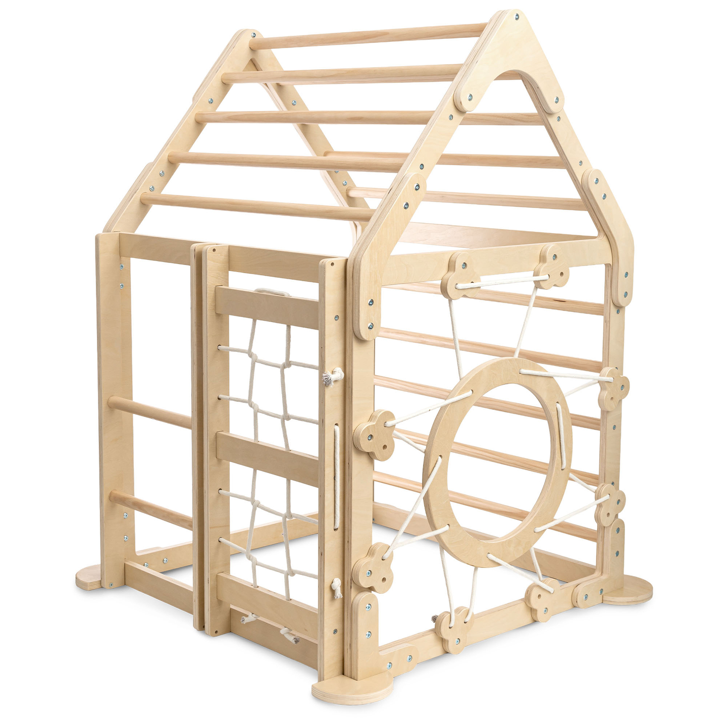 Ξύλινη εσωτερική παιδική χαρά για παιδιά - ένα σπίτι με σκάλες και μια τσουλήθρα